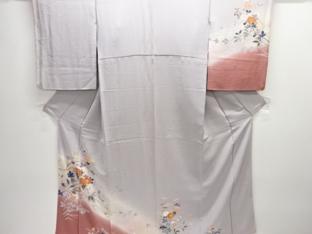 JAPANESE KIMONO / HOMONGI / SILK / HAND PAINTED YUZEN / FLORAL PLANTS & BIRDS